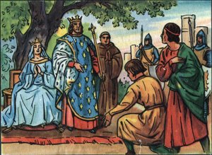 Szent Lajos francia király (IX. Lajos 1214-1270) igazságot tesz a Bois de Vincennes tölgye alatt. Névtelen illusztráció a „Franciaország uralkodóinak és államfőinek gyűjteményében”. 20. század. Magángyűjtemény. alkotó: Anonymous Anonymous
