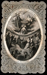 Szűz Mária a Szentháromsággal (Isten, Jézus Krisztus és a Szentlélek galambja). Dentelee kártya. 19. század. Magángyűjtemény alkotó: Anonymous Anonymous