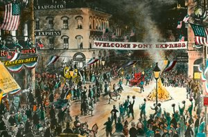 A póni expressz érkezése A Pony Express egy közvetítés volt, amelynek célja a Missouri és Kalifornia közötti összeköttetés volt postai küldemény útján. századi metszet. Magángyűjtemény alkotó: Anonymous Anonymous