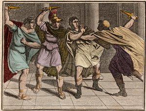 Julius Caesar római császár (Jules Cesar - Giulio Cesare vagy Caius Julius Caesar) meggyilkolása Kr.e. 44. március 15. - Metszet a „” The Rollin of Youth or Chosen Pieces of Ancient and Roman Stories” című könyvéből” 1816 – Magángyűjtemény alkotó: Anonymous Anonymous