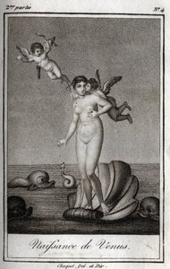 Vénusz születése (Vénusz születése). Metszet 1819-ből Charles Albert Demoustier (1760-1801) „Lettres a Emilie sur la mythologie” című művében. Magángyűjtemény. alkotó: Anonymous Anonymous