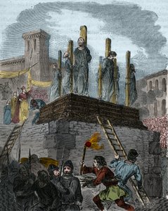 Az orléansi eretnekek ügye: 1022-ben orléans-i eretnekség miatt kanonokokat ítéltek a mészárosra. (az első bucher a nyugati eretnekség elleni küzdelem történetében II. Jámbor Róbert (996-1031) uralma alatt. Metszet a 19. századból alkotó: Anonymous Anonymous