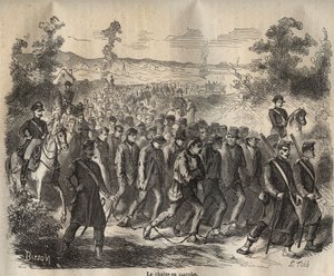 A lánc a 19. században a Toulon Bagne-nál indult. Pierre Zaccone (1817-1895) (Colonia Penale - Büntetőtelep) metszet az „Elítéltek története a megalkotásuktól napjainkig” című könyvébe (1877). Magángyűjtemény. alkotó: Anonymous Anonymous