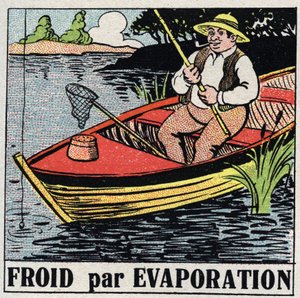 A hidegipar: párolgás útján hideg. Egy halász a csónakjában hűvös marad a folyóvíz elpárolgása miatt. Névtelen illusztráció 1925-ből. Magángyűjtemény. alkotó: Anonymous Anonymous