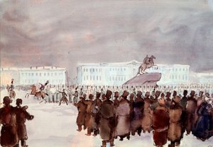 A Szenát téri tömeg az 1825-ös dekabrista lázadás idején. Dekabrist vagy dekabrist tagjai egy keményen elnyomott puccskísérletnek, amelyet Szentpéterváron 1825. december 14-én szerveztek, hogy alkotmányt szerezzenek a leendő cártól a rezsim modernizálására alkotó: Anonymous Anonymous