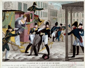 Charles Ferdinand de Bourbon, Berry hercege (1778-1820) halála 1820.02.13. a Királyi Zeneakadémia kijáratánál XVIII. Lajos király unokaöccsét az Operában meggyilkolta a republikánus Louvel, aki be akart zárni. a királyi dinasztia. Engravi alkotó: Anonymous Anonymous
