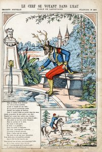 A szarvas látja magát a vízben. Jean de LA FONTAINE (Lafontaine) (1621-1695) névtelen illusztrációja a Les Fables-hez. Pont-a-Mousson képmása, 1880 körül. Magángyűjtemény. alkotó: Anonymous Anonymous