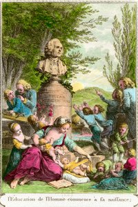Az ember nevelése a születéskor kezdődik: az anyák a gyermekeikkel, egy mellszobor mellett, amely Jean Jacques Rousseau (1712-1778) svájci filozófus előtt tiszteleg. A 18. századi magángyűjtemény metszete alkotó: Anonymous Anonymous