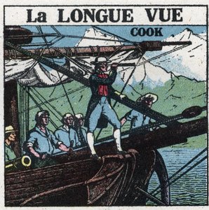 Az első optikai műszerek: James Cook kapitány (1728-1779) csónakja orrában távolról szemléli a déli vidékeket. Névtelen illusztráció 1925-ből. Magángyűjtemény. alkotó: Anonymous Anonymous
