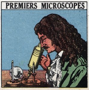 Az első optikai műszerek: Christiaan Huygens (Huyghens) (1629-1695) idején használt mikroszkóp. Névtelen illusztráció 1925-ből. Magángyűjtemény. alkotó: Anonymous Anonymous