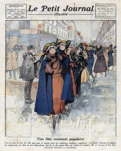 Catherinettes, fiatal cölibatárius lányok, hagyományos kalapban utazása Párizs utcáin. Az 1921. 12. 04-i „” Le petit Journal illustrious”” illusztrációja. Magángyűjtemény alkotó: Anonymous Anonymous