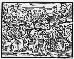A boszorkányok vacsorája szombaton – „Compendium Maleficarum”, a boszorkányokkal, gonoszságukkal és válogatásukkal foglalkozik Francesco Maria Guazzo vagy Guaccio vagy Guaccius (15? -16??) 1608 Magángyűjtemény alkotó: Anonymous Anonymous