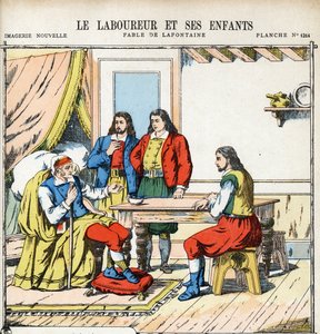 A szántó és gyermekei. Jean de LA FONTAINE (Lafontaine) (1621-1695) névtelen illusztrációja a Les Fables-hez. Pont-a-Mousson képmása, 1880 körül. Magángyűjtemény. alkotó: Anonymous Anonymous