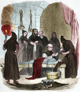 A víz kérdése: Pedro (Pierre) de Arbues (1441/1442 - 1485) kínzás alatt kihallgat egy fiatal nőt, aki állítólag rávette nővérét, hogy a lutheranizmus felé forduljon. Zsinórral megkötve vizet öntünk egy kendőbe, amit a torok aljába nyomunk. alkotó: Anonymous Anonymous