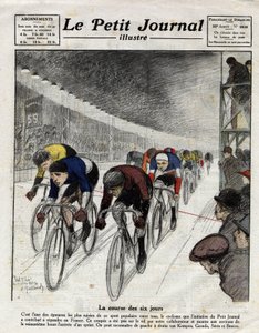 A hatnapos verseny: Piet van Kempen (1898-1985), Alfred Grenda, Seres és Maurice Brocco (1883-1965) a sprint során. Metszet a Le Petit Journal illustre-ben, 1922.04.16 alkotó: Anonymous Anonymous