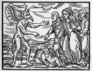 A varázslók gyermeket ajándékoznak az ördögnek - „Compendium Maleficarum”, Francesco Maria Guazzo vagy Guaccio vagy Guaccius (15? -16??) Magángyűjtemény a boszorkányokról, gonoszságukról és válogatásukról szól. alkotó: Anonymous Anonymous