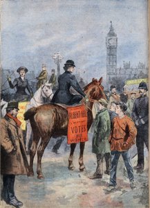 A szüfrazsettek lóháton járják London városát. Metszet a „Le Petite Parisien” újságból” alkotó: Anonymous Anonymous