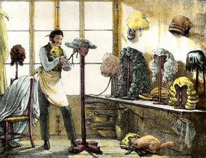 Catogán, férfi fodrász parókáját formáló paróka. Metszet a tükörből, betűk, gyógyszerek stb. A művészetek”” 1821-1823 Magángyűjtemény alkotó: Anonymous Anonymous