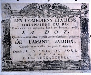A „Pötty” és „A féltékeny szerető” című darabot bemutató színházi plakát olasz humoristák előadásában, 1788.09.01. Párizs. Carnavalet Múzeum alkotó: Anonymous Anonymous