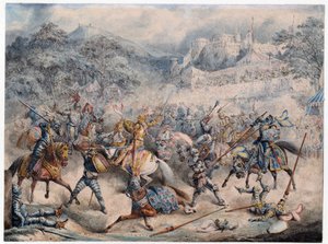 Tournoi (Moyen kor) - Lovas lovagok bajnoksága - Anonymous - 1840 - Színes litográfia - 20,3x30,5 - Magángyűjtemény alkotó: Anonymous Anonymous