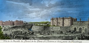 Kilátás a párizsi Bastille-ra, a Porte Saint Antoine-ra és a faubourg egy részére a 18. században, Metszet, Magángyűjtemény alkotó: Anonymous Anonymous