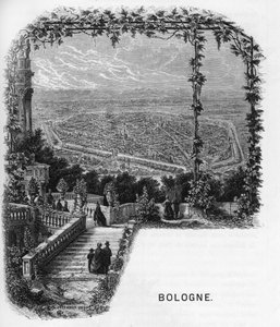 Bologna (Bologna) városának kilátása, armengaud 1859-ből származó metszet Európa - Olaszország galériáiban. Magángyűjtemény. alkotó: Anonymous Anonymous