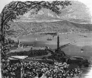 Kilátás a város Genes (Genova), Olaszország. armengaud 1859-es metszete „Európa galériáiban – Olaszország”. Magángyűjtemény. alkotó: Anonymous Anonymous