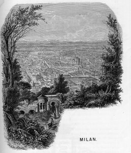 Kilátás Milánó városára (Milano), Olaszország. Armengaud 1859-es metszete a „” les galeries de l