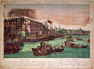 Kilátás New York (New York) város kikötőjére az Egyesült Államokban, bal oldalon egy hajógyár. A Hudson folyó torkolata és a Manhattan-sziget. 18. századi metszet. Magángyűjtemény alkotó: Anonymous Anonymous