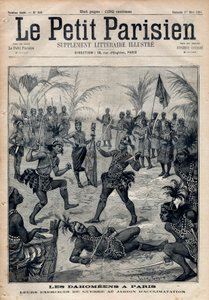 Háborús gyakorlatok: Amazonok, harcosok és feticheurs dahomeens (ma Benin) a párizsi akklimatizációs kertből (Emberi Állatkert). Metszet „” Le petit Parisien”” 1891-ből. Magángyűjtemény. alkotó: Anonymous Anonymous