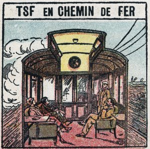 Vezeték nélküli telefonálás: T.S.F. egy vasúti kocsiban. Névtelen illusztráció 1925-ből. Magángyűjtemény. alkotó: Anonymous Anonymous