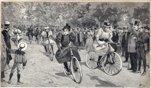 Velocipedisták női versenye a Párizs melletti Bois de Boulogne-ban. Metszet a „” Le Petit Parisien”-ben, 1893.06.25. alkotó: Anonymous Anonymous