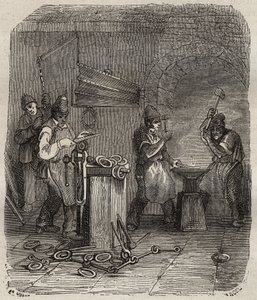 Munkáscsapatok a Rochefort Bagne-ban a XIX. Pierre Zaccone (1817-1895) (Colonia Penale - Büntetőtelep) metszet az „Elítéltek története a megalkotásuktól napjainkig” című könyvébe (1877). Magángyűjtemény. alkotó: Anonymous Anonymous