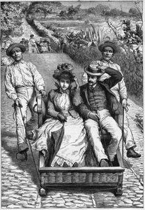 carros de cesto Madeirán 1893 - Les corinhos (carrieros) a Madeira (Madeira) - férfiak, akik két helyen vezetik az ülést a ruletten (un corinho). metszet a „Journal of Travels””-ben, 1893 alkotó: Anonymous Anonymous