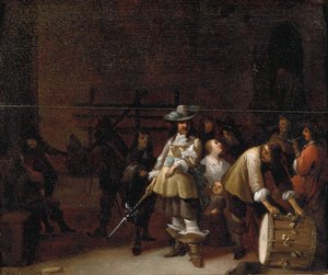 Egy őrszobabelső egy dobossal beszélgető lovassal alkotó: Anthonie Palamedesz