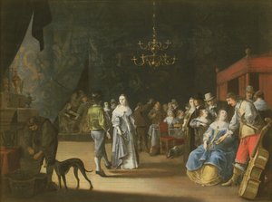 A bankett, egy pár táncol lakomával és mulatozással a háttérben alkotó: Anthonie Palamedesz