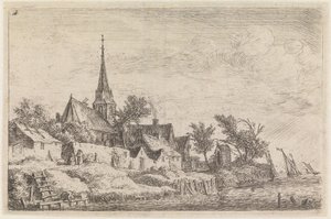 Falu hegyes tornyú templommal a tengerparton (12 nyomatból álló sorozat 4. darabja) alkotó: Anthonie Waterloo