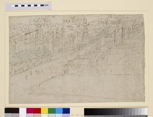 Borough High Street St. Mary Overyvel, a „Londoni panoráma” című filmből, 1544 körül (toll, tinta és ceruza papíron) alkotó: Anthonis van den Wyngaerde
