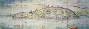Panorámás kilátás Tarragonára, Spanyolország (toll, tinta és WC papíron) alkotó: Anthonis van den Wyngaerde