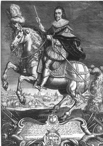 George Villiers (1592-1628) Buckingham 1. hercegének lovas portréja, Willem de Passe metszete (1598-1637) 1625 (metszet)