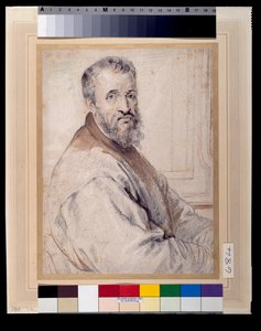 Michelangelo, feltehetően Bugiardini vagy Federico Zuccaro nyomán (piros-fekete kréta tollal és tintával, papíron lemosva) alkotó: Anthony van Dyck