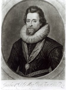 I. Jakab (1566-1625) portréja Nicholas Hilliard (1547-1619) 1617-es miniatúrája nyomán, amelyet George Vertue (1684-1756) metszett alkotó: Anthony van Dyck