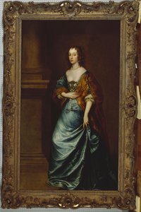 Mary Villiers, Lennox és Richmond hercegnő portréja kék ruhában, barna kötésben egy oszlop mellett alkotó: Anthony van Dyck
