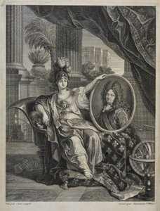XIV. Lajos francia király, a tudomány védelmezője – Antoine Coypel metszet A Királyi Tudományos Akadémia története, 1703. alkotó: Antoine (after) Coypel