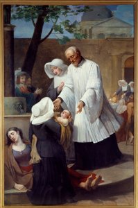 Saint Vincent de Paul (1581-1660), a növényvédő szerekkel foglalkozó (St Vincent de Paul Helping the Plague Ridden). Antoine Ansiaux (1764-1840) festménye. Nantes, Szépművészeti Múzeum