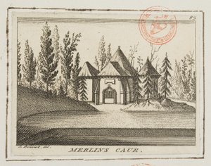 Kilátás a Merlin-barlangra, Kew Gardens, illusztráció a londoni Lysons Environsból, 1750 körül (metszet) alkotó: Antoine Benoist