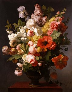 Nyári virágok csendélete bazsarózsával, íriszekkel és lilával. 1819. Antoine Berjon (1754-1843) festménye Magángyűjtemény.