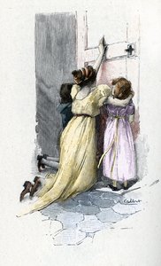 Josephine de Beauharnais gyermekeivel, Hortense-szel és Eugene-nal sír Bonaparte Napóleon (1769-1821) szobájának ajtajában, aki nem volt hajlandó kinyitni, miután egyiptomi tartózkodása alatt házasságon kívüli kalandokat szerzett.
