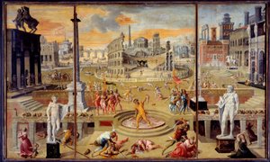 A triumvirátus mészárlása: ez a köztársasági ellenzék mészárlása, Kr.e. 43-ban Rómában történt Octavius Cesar (Augustus), Antoine és Lepides triumvirátusa által. Antoine Caron (1521-1599) festménye. 1566. V. 1,16x1,95 m Párizs. L