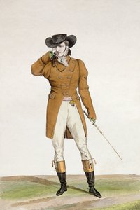 Dandy csónak alakú kalapban, szürkésbarna kabátban és szarvasbőr nadrágban, 1. tábla az "Incroyable et merveilleuses" divatlap-sorozatból, Georges Jacques Gatine (1773-183) metszete.